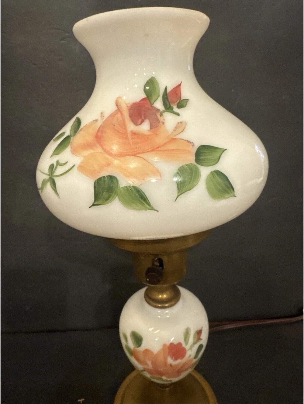 Vintage Hurricane Table Lamp Hand Painted Glass Brass Base GWTW 15” High